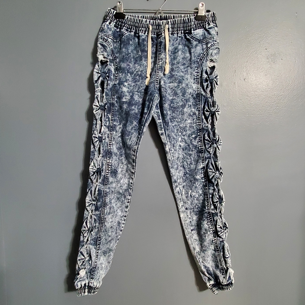 Blue Topic Acid Wash Joggers with Bow Down the Sides Elastic Waist Women Size S